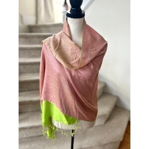 Pashmina Scarf Wrap Warm Pink & Lime Green Reversible Floral Swirl